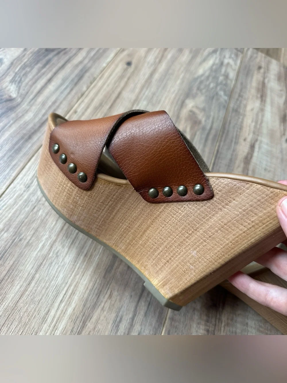 Mossimo Supply Co. Brown Platform Wedge Sandals Wood Clog Heel Studded Size 8